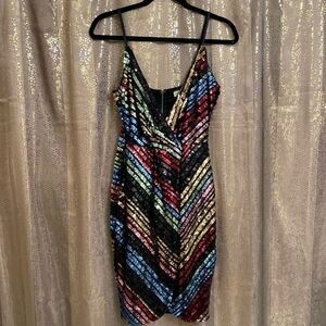 Tea & Cup Multi Sequin Rainbow Striped Sleeveless Midi Dress, Small NWOT